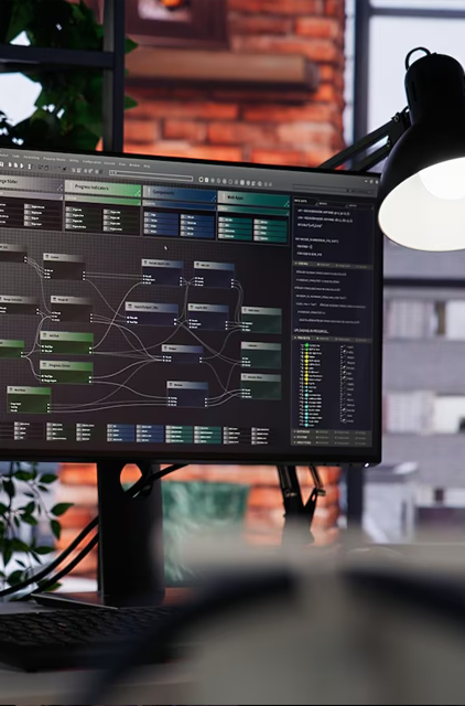 Consultant reviewing a cloud architecture diagram on a digital display